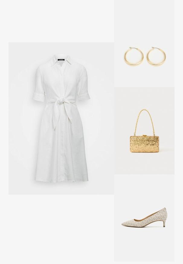 Abito chemisier bianco in lino con maniche corte, colletto, e un dettaglio annodato sul davanti in vita, con chiusura a bottoni.; Décolleté a punta in tessuto beige con un motivo geometrico, dotato di tacco basso e una silhouette elegante. Texture liscia e dettagli minimali.; Clutch oro in paillettes con forma rettangolare, dotata di una maniglia in catena attorcigliata e una chiusura a scatto in metallo, che riflette la luce con una finitura testurizzata.; Orecchini a cerchio in tono oro con un design morbido e arrotondato, dotati di una chiusura a filo sottile e una finitura lucida per un aspetto brillante.