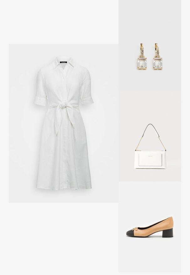 Bijela lanena haljina sa kratkim rukavima, ovratnikom i detaljem čvora na struku, s dizajnom na kopčanje dugmadi.; Bež kožni cipele s crnim okruglim vrhom, malim detaljem mašne i niskom blok petom. Glatka tekstura i klasičan stil.; Bijela kožna torba s teksturiranim završetkom, koja ima zlatni lančić i crne akcentne detalje. Uključuje prednji džep i zatvaranje na patentni zatvarač.; Zlatne naušnice s pravokutnim, prozirnim kristalom koji visi ispod niza malih, okruglih prozirnih akcenata. Elegantni, moderni dizajn.