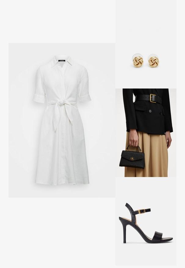 Vestido de camisa branco em linho com mangas curtas, gola com colarinho e detalhe de nó na frente na cintura, apresentando um design com botões.; Sandálias de salto alto pretas com um cabedal de couro suave, bico aberto e um design de tira única com um detalhe de fivela dourada.; Bolsa estruturada preta com acabamento texturizado, ferragens douradas e uma alça superior. Usada com um blazer preto e uma saia bege.; Brincos de pressão em tom dourado com um design torcido. Cada brinco possui uma base circular transparente para um uso seguro.