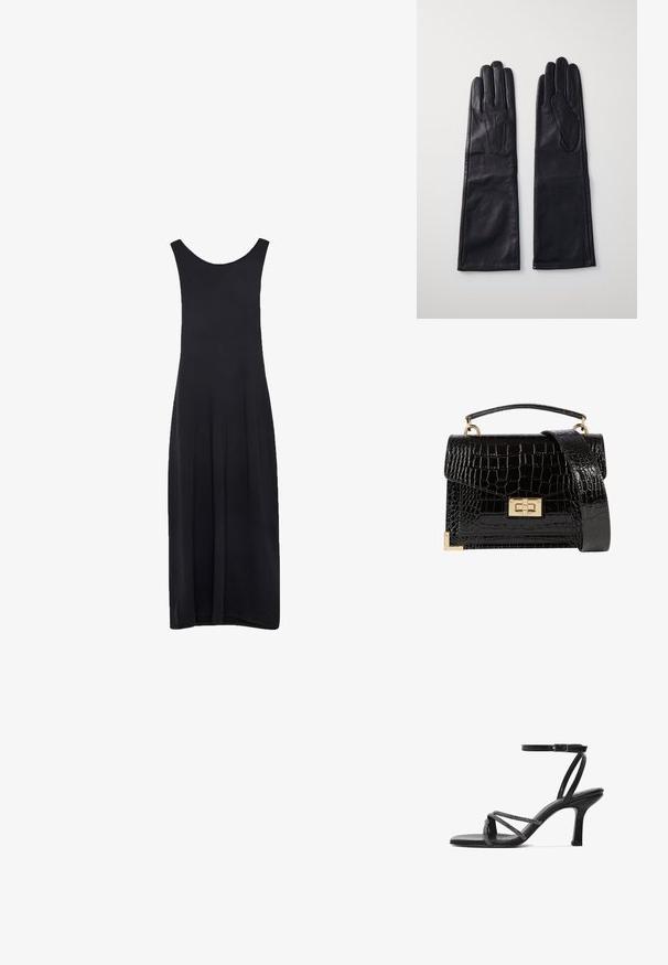 Black sleeveless maxi dress with a scoop neckline and a straight, flowing silhouette against a white background.; Black high-heeled sandal with an open toe, featuring crisscrossed straps adorned with small beads and an adjustable ankle strap.; Black patent leather handbag with a crocodile texture, gold hardware, a top handle, and a detachable shoulder strap. Rectangular shape with a flap closure.; Anna Field LEATHER - Gloves - black