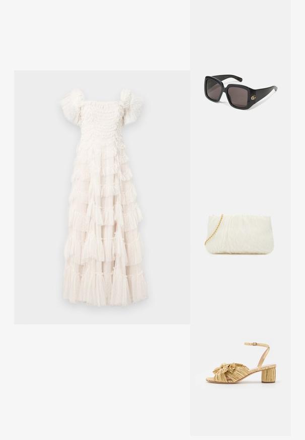 White tiered dress with a square neckline and puff sleeves. Made of sheer fabric with textured ruffles and small polka dots throughout.; Golden heeled sandals featuring a textured, pleated design with a prominent bow detail. Ankle strap with adjustable buckle, medium block heel.; Black oversized sunglasses with dark lenses, glossy plastic frame, rounded square shape, and gold interlocking GG logo on the side.; White textured clutch bag with a gathered design, featuring a gold chain strap. Smooth finish with subtle waves and rounded edges.