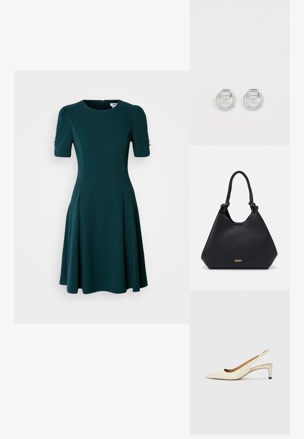 Teal fit-and-flare jurk van zachte stof, met korte pofmouwen met accenthardware en een ronde halslijn.; Puntaal geschoen met slingback in off-white leer, met een lage hak en uitsnedeontwerp, voorzien van een gladde textuur en minimale accenten.; Zwarte leren tote bag met een gestructureerde afwerking, knoopaccenten op de handgrepen en een gouden logo detail aan de onderkant. Beschikt over een slouchy silhoutte.; Zilveren metalen oorbellen met een rechthoekige steen bovenop een ronde ring. Gladde textuur, minimalistisch ontwerp en geometrische vorm.