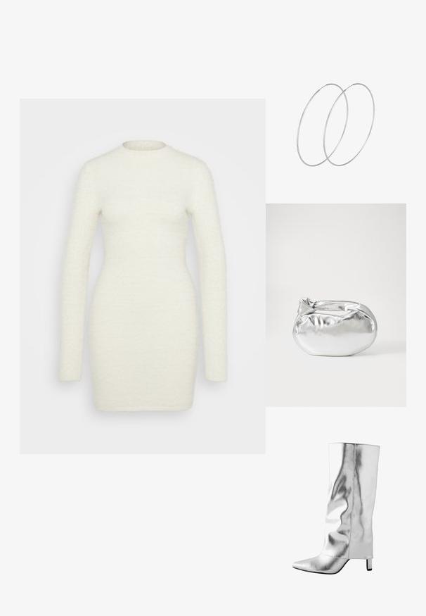 Robe à manches longues en tissu blanc doux et texturé ; silhouette ajustée avec un col rond et une finition lisse, s'étendant jusqu'au milieu des cuisses.; Botte en cuir argentée montante avec un embout pointu, texture lisse et un design épuré. Dotée d'un petit talon bloc et de détails cousus.; Pochette en métal argenté avec une forme douce et arrondie et un fermoir en haut noué. Fabriquée en simili cuir lisse.; Boucles d'oreilles en argent au design minimaliste. Forme circulaire, texture lisse et profil fin. Légères avec une finition polie.