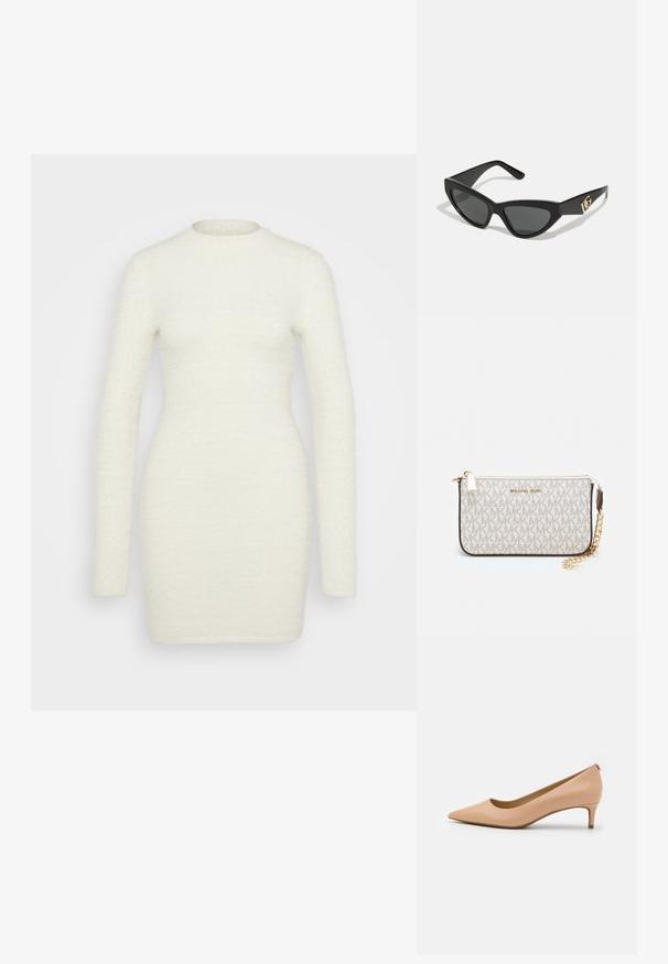 Pikkade varrukatega kleit pehmest, tekstuuriga valgest kangast; hästi istuv siluett ümmarguse kaelusega ja siledast viimistlusest, ulatudes keskkohale.; Kitsaelne konts pump kerge beežist nahast, millel on madal konts, sile pind ja minimalistlik disain koos peene tagumise detailiga.; Kassionkoodiga päikeseprillid, millel on mati must plastraam, tumedad objektiivid ja kuldne logo aksent templis. Nurgaeline disain ja sile tekstuur.; Michael Korsi randmevõru beige kaetud kangast, millel on korduv MK logo muster, kuldne riistvara ja eemaldatav ahelistrap.