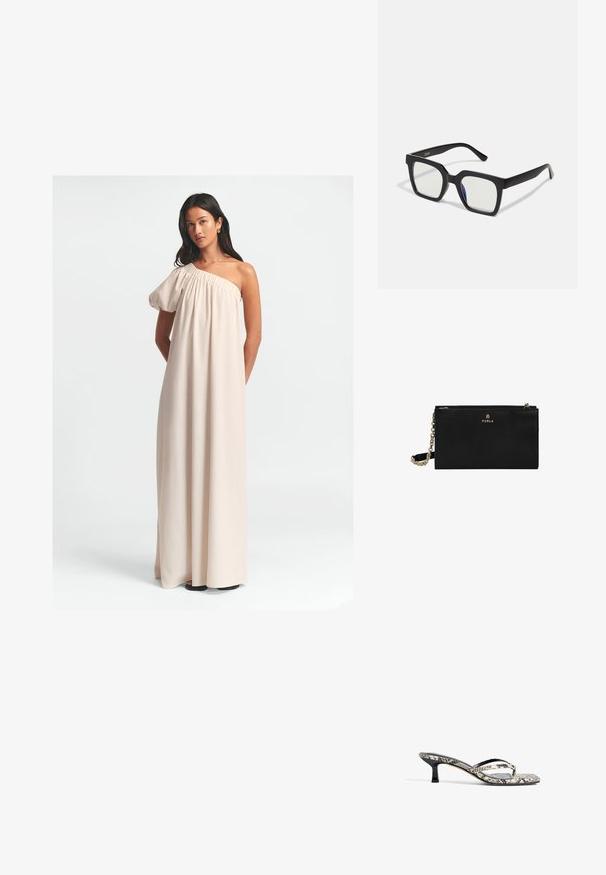 One-shoulder maxi dress in light beige fabric, featuring a gathered neckline, a loose fit, and a flowing, floor-length design.; Black and white snake-print open-toe mules with two slender straps and a low, rectangular heel. Smooth texture with glossy accents.; Black square sunglasses with a matte finish, featuring transparent lenses and a slight blue tint on one side. Robust, angular design.; Black leather wallet with a textured finish, featuring a gold logo and a chain strap. Includes a zip closure and minimalistic design.