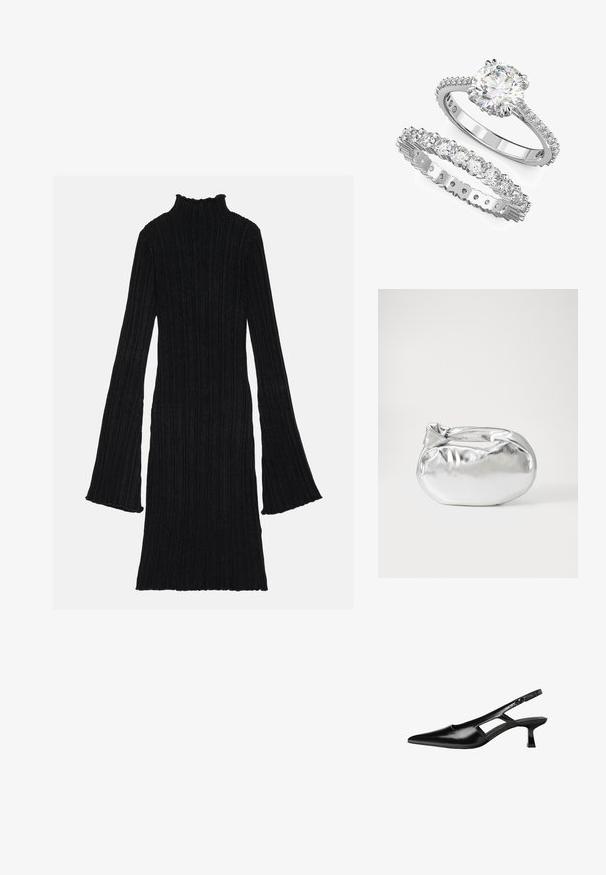 Musta ribbed-mekko, jossa on korkea kaulus ja liehuvat hihat. Kankaan pinnassa on teksturoitu, pystysuuntainen kuosi. Helma on hieman aallotettu.; Mustat lakatut nahkakengät, joissa on viistopää, leikattu sivusuunnassa ja pieni neliökoroke. Sujuva pinta, jossa on minimaalinen koristelu.; Hopeapintainen metallinen pussilaukku, jolla on pehmeä, pyöreä muoto ja solmittava yläosa. Valmistettu sileästä tekonahkamateriaalista.; Valkoinen kultainen kihlasormussetti, jossa on pyöreä keskikivi ja siihen liittyvä rengas, jossa on useita pienempiä kivistä.