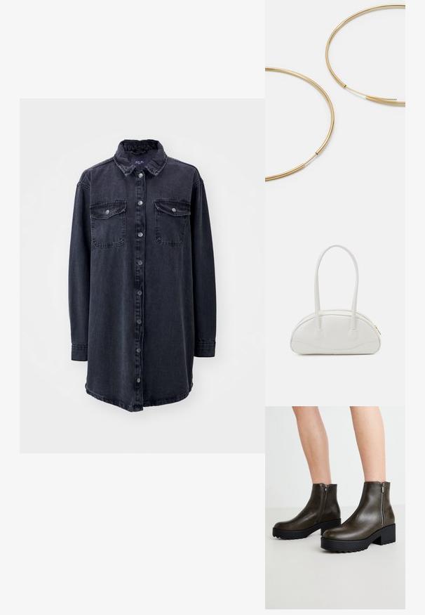 Camisa de mezclilla oscura con cuello, mangas largas, botones en la parte delantera y dos bolsillos en el pecho. Presenta un corte ligeramente holgado y un dobladillo curvado.; Botas de tobillo de cuero verde con tacón cuadrado, cremallera lateral y suela de goma texturizada para un mejor agarre. Acabado suave y diseño elegante.; Even&Odd Bolso de mano - off-white; Pendientes de aro color dorado, delgados y redondos, con un acabado metálico suave y sin adornos ni patrones.