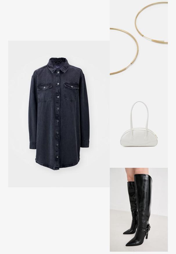 Camisa de mezclilla oscura con cuello, mangas largas, botones en la parte delantera y dos bolsillos en el pecho. Presenta un corte ligeramente holgado y un dobladillo curvado.; Steve Madden RIVARLY - Botas - black; Even&Odd Bolso de mano - off-white; Pendientes de aro color dorado, delgados y redondos, con un acabado metálico suave y sin adornos ni patrones.