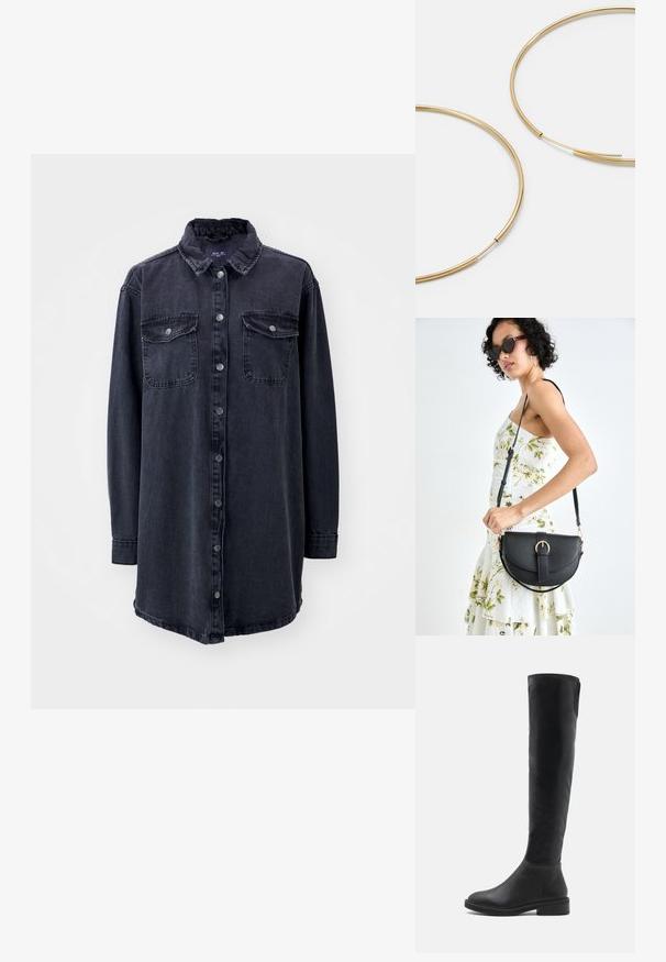Dunkelblaustes Denim-Hemd mit Kragen, langen Ärmeln, vorderem Knopfverschluss und zwei Brusttaschen. Hat eine leicht lockere Passform und einen abgerundeten Saum.; Schwarzer kniehoher Stiefel aus glattem Kunstleder mit runder Spitze, niedrigem Blockabsatz und kontrastierenden Nähten entlang des oberen Rands.; Schwarze Lederhandtasche mit geschwungener Form, abnehmbarem Tragegurt und goldenen Beschlägen. Die Tasche verfügt über einen Deckel mit einer Schnallen-Details.; Goldfarbene Ohrringe in Form von dünnen, runden Kreolen, mit einer glatten, metallischen Oberfläche und ohne Verzierungen oder Muster.