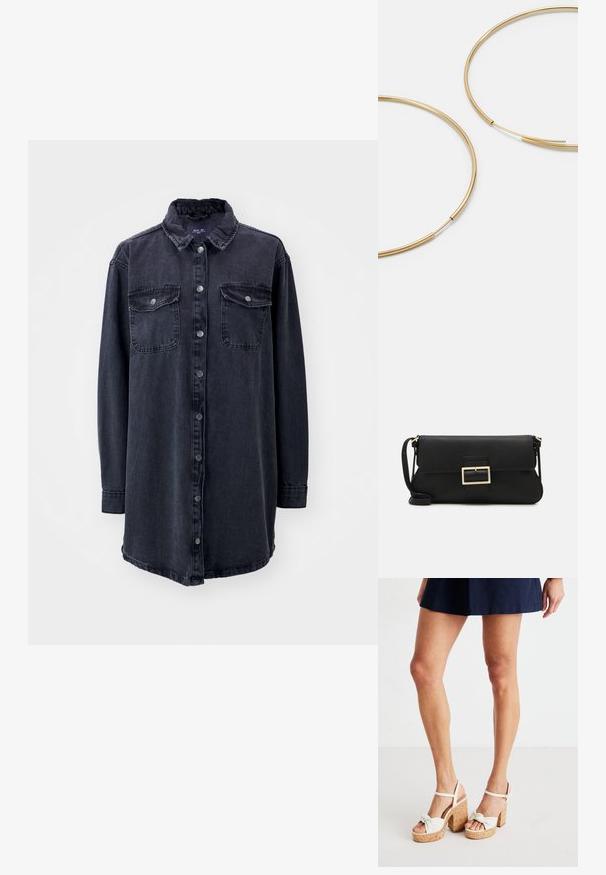 Tamno plava traper košulja s ovratnikom, dugim rukavima, prednjim gumbima i dva džepa na prsima. Ima blago širok kroj i zakrivljen rub.; Bijele platforme sandale s plitkim čepovim potplatom, s uzorkom čvora sprijeda i remenom oko gležnja radi podrške. Glatka tekstura s čvrstim blok petom.; Crna kožna clutch torbica s preklopom i zlatnim metalnim detaljem kopče. Uključuje crnu trakicu i elegantan, minimalistički dizajn.; Zlatne kružne naušnice, tanke i okrugle, s glatkom metalnom površinom bez ukrasa ili uzoraka.