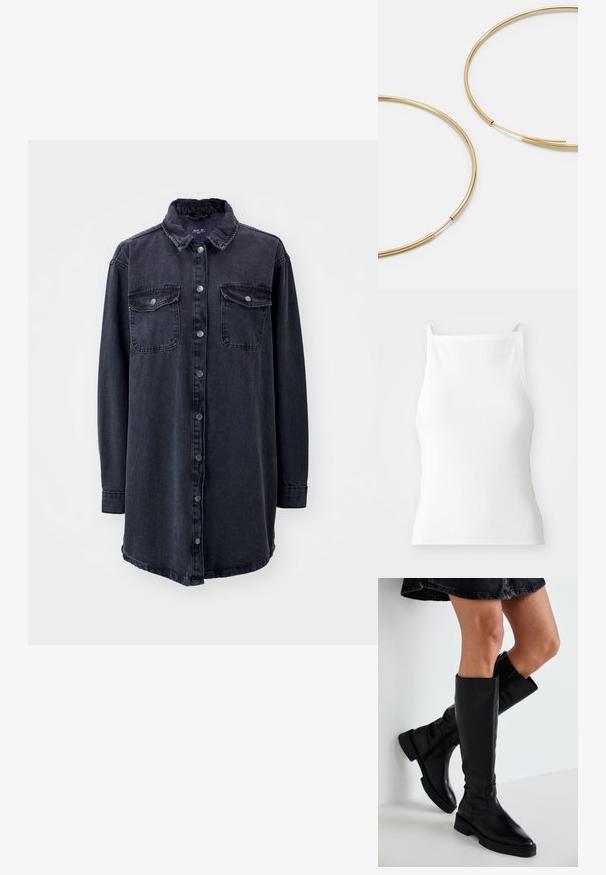 Tmavomodrá-denimová košeľa s golierom, dlhými rukávmi, prednými gombíkmi a dvoma náprsnými vreckami. Má mierne voľný strih a zakrivený lem.; Biely rebrovaný top na tenké ramienka s priliehavým strihom a hladkou textúrou. Tkanina sa zdá byť elastická a jemne štruktúrovaná.; Čierne kožené čižmy po kolená s špicatou špičkou, plochou podrážkou a minimálnym šitím. Hladká textura a jednoduchý dizajn bez ozdôb.; Zlaté kruhové náušnice, tenké a okrúhleho tvaru, s hladkým kovovým povrchom a bez ozdôb alebo vzorov.