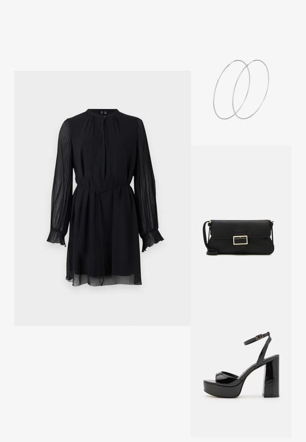 Črna obleka z okroglim izrezom, dolgimi prosojnimi nabranimi rokavi in pasom. Tkanina je gladka, z tekočim silhueto in nabrano konico rokavov.; Črne lakirane platformske sandale z naramnico okoli gležnja, s širokim visokim peto in odprtim prstom. Gladka tekstura in sijoč zaključek.; Črna usnjena torbica na preklop z zlato kovinsko zaponko. Vključuje črn trak in eleganten, minimalističen dizajn.; Srebrne uhane v obliki obroča z minimalističnim dizajnom. Krožna oblika, gladka tekstura in tanek profil. Lahki s poliranim zaključkom.