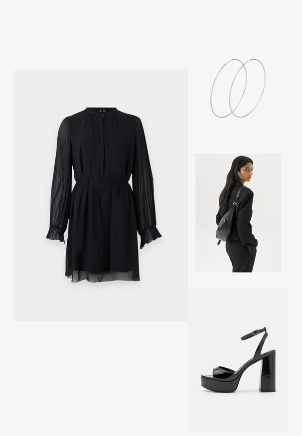 Melnā kleita ar apaļu dekoltē, garām caurspīdīgām krokotām piedurknēm un jostas siksnu. Audums ir gluds, ar plūstošu siluetu un ruffļiem pie piedurknēm.; Melnas lakotas ādas platformas sandalēs ar potītes siksniņu, kuru kriptā ir masīla augsta papēža un atvērtā pirksta dizains. Gluda tekstūra un spīdīga apdare.; Sieviete ar garām tumšām matiem, ģērbusies melnā uzvalkā, nēsā melnu ādas plecu somu un skatās pāri plecam uz balta fona.; Sudraba gredzenveida auskari ar minimālistisku dizainu. Cirkulāra forma, gluda tekstūra un plāns profils. Vieglu svaru ar spīdīgu apdari.