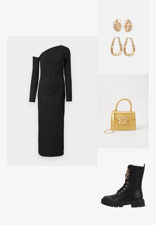 Czarna, dopasowana, długa sukienka z długim rękawem, o asymetrycznym dekolcie i marszczonym detalu z boku, wykonana z prążkowanej tkaniny.; Czarne sznurowane wojskowe buty z grubą gumową podeszwą, okrągłymi różowozłotymi oczkami i teksturowanym wykończeniem ze skóry. Zamek błyskawiczny z boku dla łatwego dostępu.; Żółta torebka z faux-krokodylka o wyrafinowanej konstrukcji, z górnym uchwytem, odpinanym łańcuszkiem oraz dekoracyjnym kryształowym zdobieniem na zapięciu.; Złote kolczyki w odcieniu, prezentujące teksturowane, faliste kształty. Zawierają rzeźbiarskie klipsy i otwarty projekt kółek z młotkowanym wykończeniem.