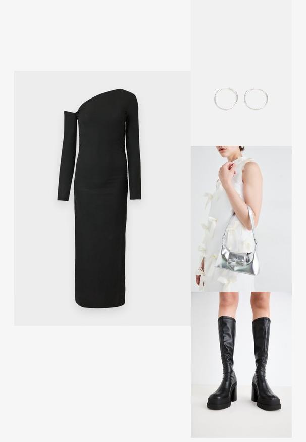 Rochie neagră, ajustată, cu mâneci lungi, decolteu asimetric și detalii plisate pe o parte, realizată dintr-un material cu dungi.; Cizme negre, până la genunchi, din piele netedă, având o talpă groasă și un toc pătrat, cu detalii cusute de-a lungul marginilor.; Geantă metalică argintie cu o formă structurată, având un mâner superior și un detaliu sub formă de fundă pe față. Textură netedă, finisaj reflexiv.; Cercei din argint cu un design elegant și rotund, având o suprafață netedă și fără embellismente vizibile. Diametrul nu este specificat.