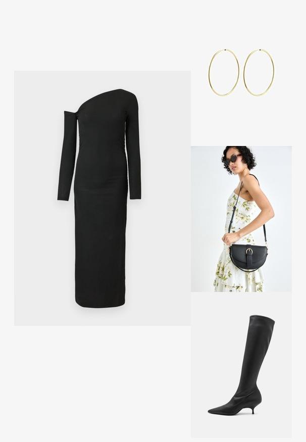 Musta, vartalonmyötäinen, pitkähihainen mekko, jossa on epäsymmetrinen kaula-aukko ja rypytetty sivusauma, valmistettu ribbikankaasta.; GIABORGHINI HERA - Saappaat - black; Musta nahkainen käsilaukku, joka on kaareva muotoilultaan, irrotettavalla hihnalla ja kultaisilla yksityiskohdilla. Laukussa on läppä, jossa on solk yksityiskohta.; Kultaiset rengaskorvakorut, joissa on sileä ja pyöristetty muotoilu. Ohuet ja kevyet, sisältäen jatkuvan lenkin ilman mitään koristeita.