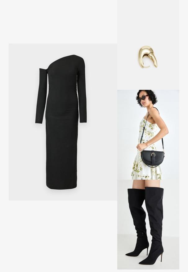 Črna, oprijeta, dolgah rokavih obleka z asimetričnim izrezom in nabranimi stranskimi detajli, izdelana iz rebraste tkanine.; Črne nadkolenske škornje iz gladkega materiala, s podolgovatim nosom, visokim stiletto peto in stranskim zadrgo.; Črna usnjena torbica s ukrivljeno obliko, z odstranljivo naramnico in zlatimi dodatki. Torbica ima pokrov s podrobnostmi v obliki zaponke.; Uhane nakit iz zlatastega tona z gladko, ukrivljeno zasnovo. Ima edinstveno koničasto obliko, polirano površino in zaponko s tečajem.