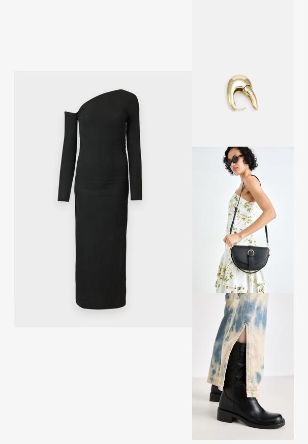 Czarna, dopasowana, długa sukienka z długim rękawem, o asymetrycznym dekolcie i marszczonym detalu z boku, wykonana z prążkowanej tkaniny.; RAID TAILORR czarny; Czarna skórzana torebka o zakrzywionym kształcie, z odpinanym paskiem i złotymi akcentami. Torebka posiada klapę z zapięciem w kształcie klamry.; Złote metalowe kolczyki o eleganckim, zakrzywionym kształcie. Posiadają charakterystyczny szpiczasty kształt, polerowaną powierzchnię oraz zapięcie na zawias.