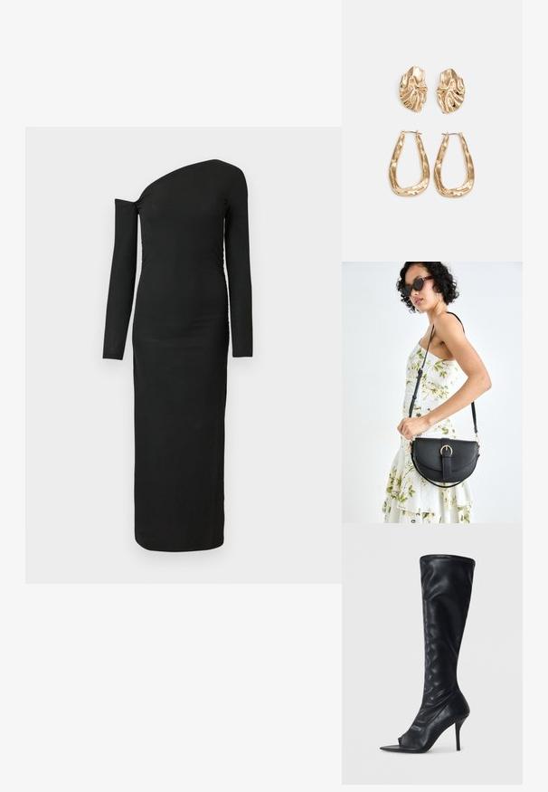 Melna, pieguļoša, garām piedurknēm kleita ar asimetrisku izgriezumu un saburzītu sānu detaļu, izgatavota no ribota auduma.; Melnas sintētiskās ādas augstas līdz ceļiem zābaki ar smailu atvērto purnu un augstu stilētu papēdi. Tekstūrēts augšdaļa un gluda apdare.; Melnas ādas rokassoma ar izliekta formu, noņemamu siksnu un zelta aksesuāriem. Somai ir vāciņš ar sprādzes detaļu.; Zelta krāsas auskari ar teksturētām, viļņotām formām. Iekļauts skulpturāls piespraužams modelis un atvērta gredzenveida konstrukcija ar izsistām virsmām.