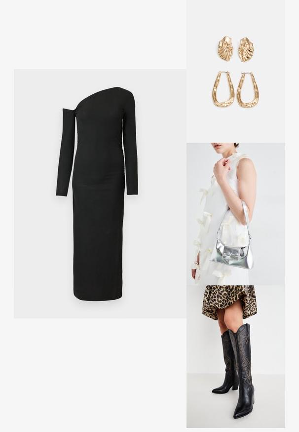 Svart, kroppsnära långärmad klänning med asymmetrisk halsringning och samlad detalj i sidan, tillverkad av ribbat tyg.; Ben klädda i knähöga svarta lädercowboystövlar med dekorativ sömnad, ihop med en kort leopardmönstrad kjol mot en vit bakgrund.; Silver metallic handväska med en strukturerad form, utrustad med ett handtag upptill och en rosettdetalj på framsidan. Slät textur, reflekterande finish.; Örhängen i guldton med texturerade, vågiga former. Inkluderar skulpturala clip-on-stift och öppen hoop-design med hamrad finish.