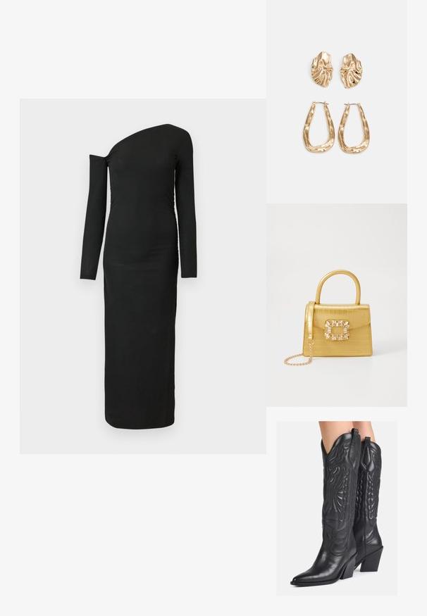 Black, form-fitting, long-sleeve dress with an asymmetric neckline and gathered side detail, made from ribbed fabric.; Black leather cowboy boots with intricate embossed designs, pointed toe, and chunky heel. Features stitched accents and pull tabs.; Yellow faux-crocodile handbag with a structured design, top handle, detachable chain strap, and decorative crystal embellishment on the clasp.; Gold-tone earrings featuring textured, wavy shapes. Includes sculptural clip-on studs and open hoop design with a hammered finish.