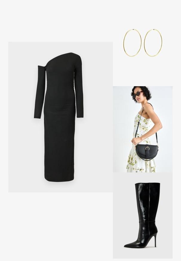 Black, form-fitting, long-sleeve dress with an asymmetric neckline and gathered side detail, made from ribbed fabric.; Black leather knee-high boots with a pointed toe and high stiletto heel. Smooth texture and sleek design, featuring minimal detailing.; Black leather handbag with a curved shape, detachable strap, and gold hardware. The bag features a flap with a buckle detail.; Gold hoop earrings with a smooth, rounded design. Thin and lightweight, featuring a continuous loop without any embellishments.