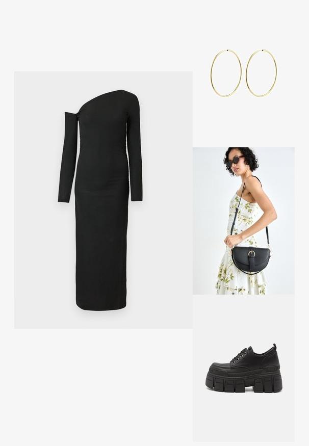 Černé, přiléhavé, dlouhé šaty s asymetrickým výstřihem a nabraným detailem na boku, vyrobené z ribbového materiálu.; Černé platformové tenisky s hladkým koženým svrškem, šněrováním, silnou gumovou podrážkou a logem na boku.; Černá kožená kabelka s křivkovým tvarem, odnímatelným popruhem a zlatými detaily. Kabelka má klopu s přezkou.; Zlaté kruhové náušnice s hladkým, zaobleným designem. Tenoučké a lehké, s kontinuálním okruhem bez ozdob.