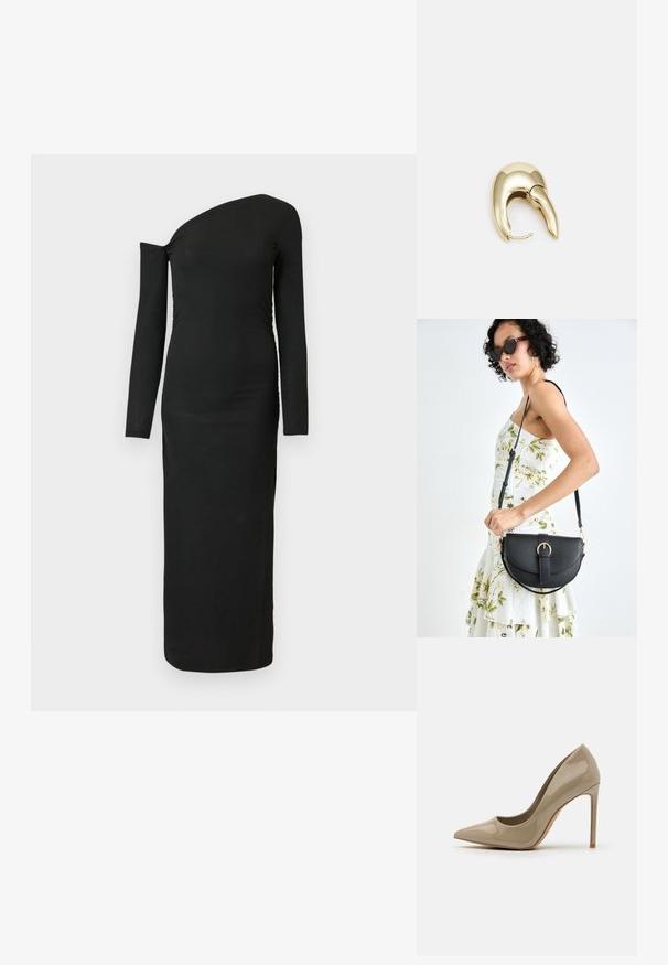 Musta, vartalonmyötäinen, pitkähihainen mekko, jossa on epäsymmetrinen kaula-aukko ja rypytetty sivusauma, valmistettu ribbikankaasta.; Beige lakatun nahkakengät, joissa on kapea kärki, sulava siluetti ja korkea koro. Sujuva pinta, minimalistisella yksityiskohtien käytöllä.; Musta nahkainen käsilaukku, joka on kaareva muotoilultaan, irrotettavalla hihnalla ja kultaisilla yksityiskohdilla. Laukussa on läppä, jossa on solk yksityiskohta.; Kultahipuinen korvakoru, jossa on sulavalinjainen, kaareva muotoilu. Ominaisuuksiin kuuluu erottuva terävä muoto, kiillotettu pinta ja sarana kiinnitys.