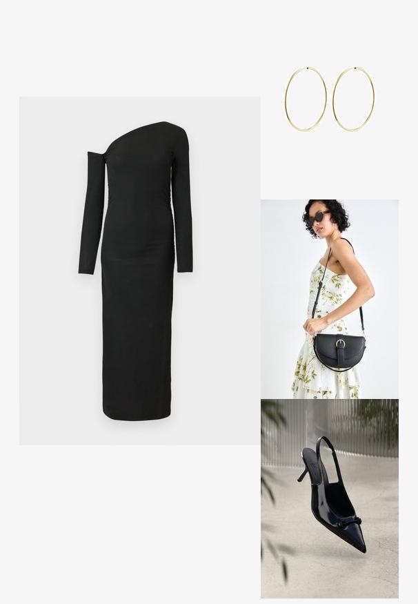 Mustern, keha kätkev, pika varrukaga kleit asümmeetrilise kaelusega ja kokkuvõetud külje detailiga, valmistatud ribakujulisest kangast.; Must musta nahk slingback kõrge kontsaga king, terava nina ja dekoratiivse pandlaga, riputatud kerge pragulise põranda kohal.; Mustmust mustraha kõverate joontega, eemaldatava rihmaga ja kuldsete detailidega. Kotil on klapp, millel on pandladetail.; Kuldsest rõngastest kõrvarõngad sileda, ümarate joontega. Õhukesed ja kerged, koosnevad pidevast ringsest kujundist ilma kaunistusteta.