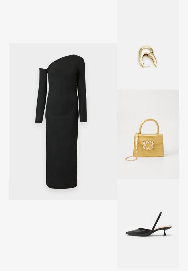 Melna, pieguļoša, garām piedurknēm kleita ar asimetrisku izgriezumu un saburzītu sānu detaļu, izgatavota no ribota auduma.; Melnas slingback kurpes ar norādītu purngalu, gludu matētu apdari, zemu stūrainu papēdi un minimālistisku dizainu. Aprīkotas ar plānu potītes siksniņu.; Dzeltena mākslīgā krokodila roku soma ar strukturētu dizainu, augšējo rokturi, noņemamu ķēdes siksniņu un dekoratīvām kristāla rotājumiem aizdares daļā.; Zeltīti metāla auskari ar gludu, izliekta dizaina. Ar atšķirīgu smailu formu, pulētu virsmu un eņģu aizdari.