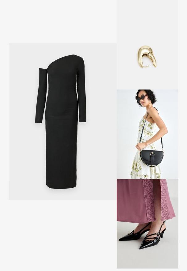 Juodas, kūną apglėbiantis, ilgomis rankovėmis su asimetriniu kaklu ir surinkta šono detale, pagamintas iš grioveliais audinio.; Juodi lakuoti slingback aukštakulniai bateliai su smailiais pirštais, turintys kelias plonas juostas ir auksinių atspalvių sagtis.; Juodas odinis krepšys su išlenkta forma, nuimamu dirželiu ir auksiniais detalėmis. Krepšys turi kilpą su sagtimi.; Aukso tono metalinės auskarai su stilingu, kreiviu dizainu. Išsiskiria ryškiu smailiu pavidalu, poliruota paviršiumi ir užsegimu su vyriu.