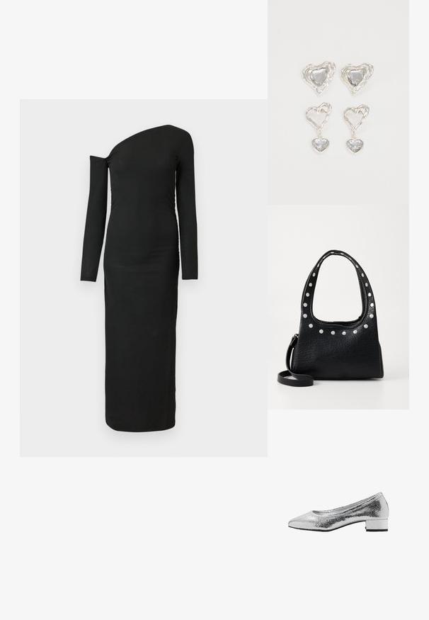 Robe noire, ajustée, à manches longues avec un décolleté asymétrique et un détail froncé sur le côté, réalisée en tissu côtelé.; Ballerines métalliques argentées avec une texture craquelée, bout pointu, petit talon carré et doublure intérieure lisse.; Sac à main en cuir noir texturé avec des clous argentés le long du bord supérieur et des poignées, doté d'une courte poignée et d'une sangle amovible.; Des boucles d'oreilles en argent en forme de cœur présentent des pierres claires facettées, avec un cadre texturé. L'ensemble comprend des styles à clou et des styles pendants.