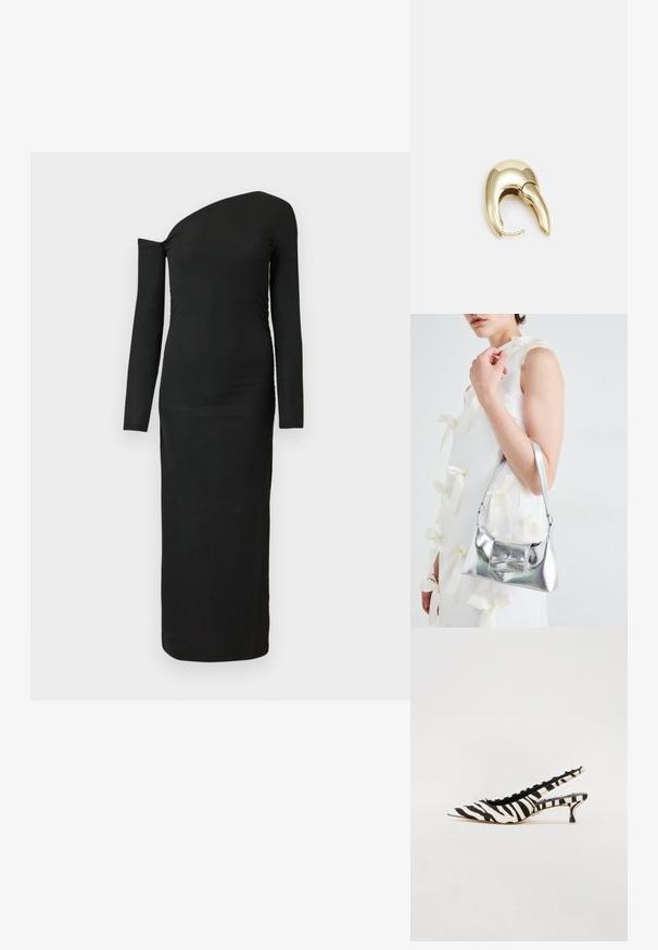 Abito nero attillato a maniche lunghe con scollatura asimmetrica e dettaglio arricciato sul lato, realizzato in tessuto a costine.; Steve Madden KARI - Decolleté - black; Borsa a mano metallica argento con forma strutturata, dotata di manico superiore e dettaglio a fiocco sulla parte frontale. Texture liscia e finitura riflettente.; Orecchino in metallo color oro con un design elegante e curvo. Presenta una forma appuntita distintiva, superficie lucida e chiusura a cerniera.