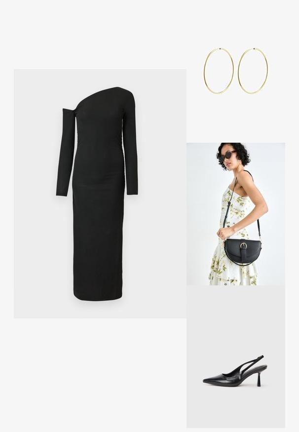 Juodas, kūną apglėbiantis, ilgomis rankovėmis su asimetriniu kaklu ir surinkta šono detale, pagamintas iš grioveliais audinio.; Juoda odinė aukšta kulno šlepetė su smailiu nosiu ir siauru kulnu ant balto fono.; Juodas odinis krepšys su išlenkta forma, nuimamu dirželiu ir auksiniais detalėmis. Krepšys turi kilpą su sagtimi.; Aukso žiediniai auskarai su lygiu, suapvalintu dizainu. Ploni ir lengvi, su nuolatiniu kilpeliu be jokio papuošimo.