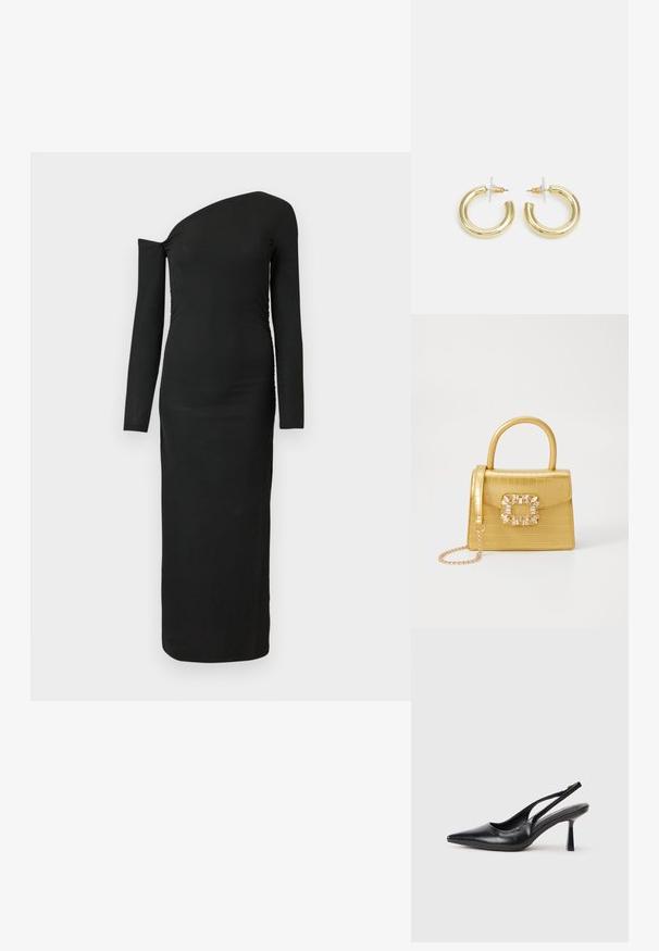 Juodas, kūną apglėbiantis, ilgomis rankovėmis su asimetriniu kaklu ir surinkta šono detale, pagamintas iš grioveliais audinio.; Juoda odinė aukšta kulno šlepetė su smailiu nosiu ir siauru kulnu ant balto fono.; Geltonas dirbtinės krokodilo odos rankinukas su standžiu dizainu, viršutine rankena, nuimamu grandininiu dirželiu ir dekoratyviniu krištolo papuošimu ant užsegimo.; Aukso auskarai su lygiu, blizgiu paviršiumi. Apvalus dizainas su maža užrakto dalimi ir skaidria atrama saugiam nešiojimui.