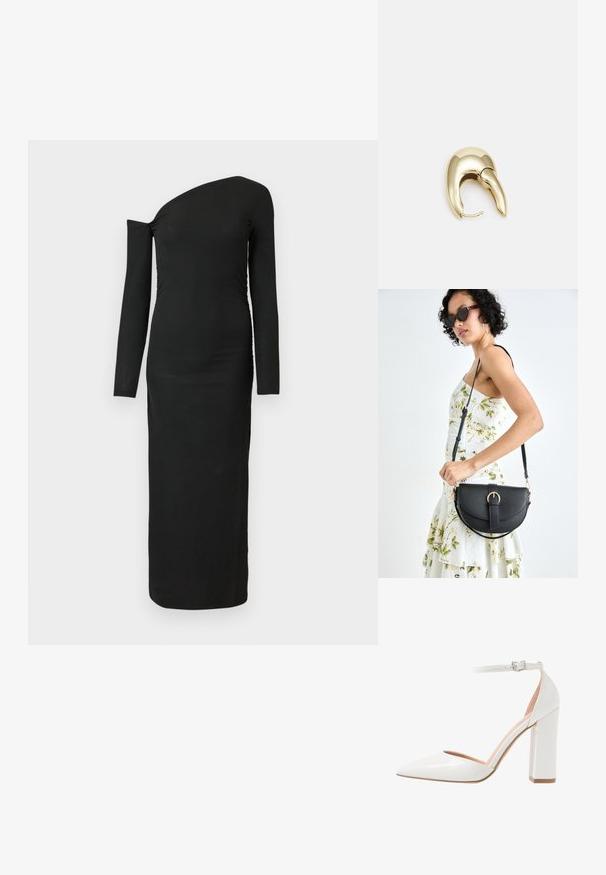 Abito nero attillato a maniche lunghe con scollatura asimmetrica e dettaglio arricciato sul lato, realizzato in tessuto a costine.; Scarpa con tacco alto in pelle patent bianca, con lato aperto, punta affusolata, cinturino alla caviglia con fibbia e tacco chunky.; Borsa a tracolla nera in pelle con una forma curva, manico rimovibile e accessori dorati. La borsa presenta una patta con un dettaglio a fibbia.; Orecchino in metallo color oro con un design elegante e curvo. Presenta una forma appuntita distintiva, superficie lucida e chiusura a cerniera.