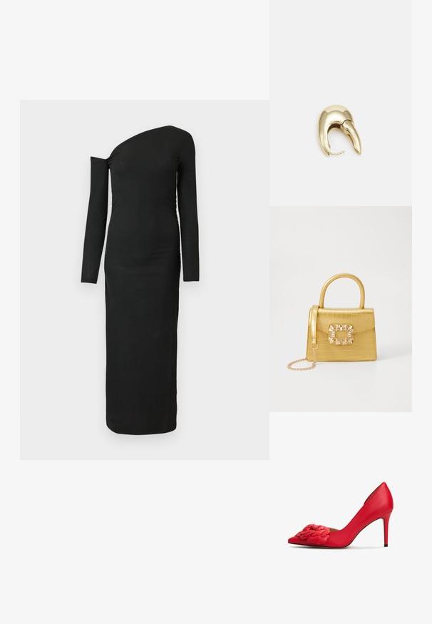 Schwarzes, eng anliegendes Langarmkleid mit asymmetrischem Ausschnitt und gerafftem Seitendetail, aus geripptem Stoff gefertigt.; Rote Leder-Pumps mit spitzem Zehenbereich und Blumenapplikation auf dem Vorderblatt. Glatte Textur mit einem Stiletto-Absatz.; Gelbe Kunstleder-Handtasche im Krokodil-Look mit strukturiertem Design, Obergriff, abnehmbarem Kettenriemen und dekorativer Kristallverzierung am Verschluss.; Ohrringe aus goldfarbenem Metall mit einem schlanken, geschwungenen Design. Sie verfügen über eine markante, spitze Form, eine polierte Oberfläche und einen Scharnierverschluss.