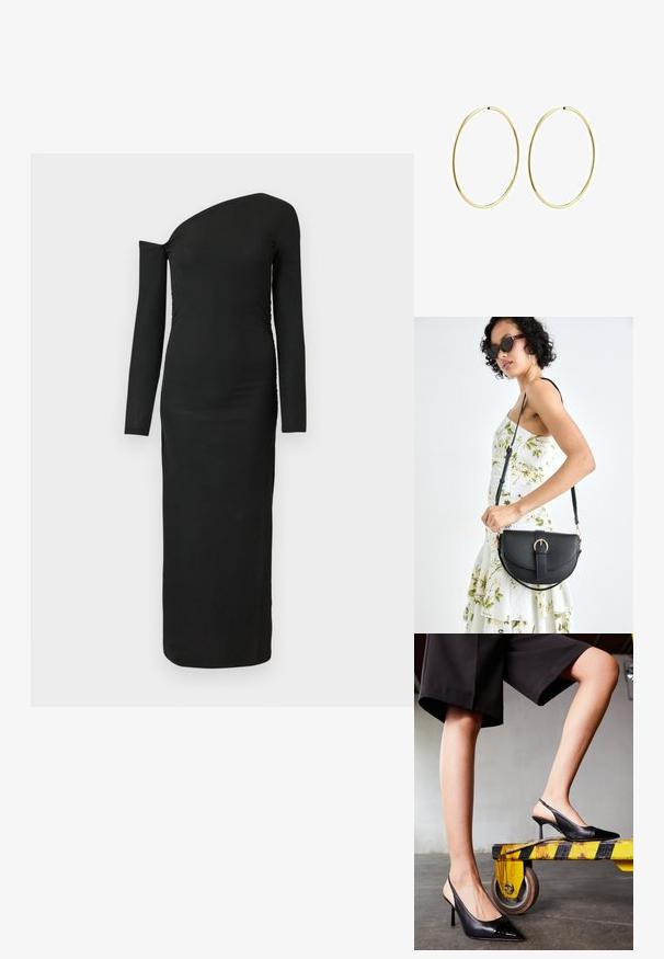Musta, vartalonmyötäinen, pitkähihainen mekko, jossa on epäsymmetrinen kaula-aukko ja rypytetty sivusauma, valmistettu ribbikankaasta.; Mustat slingausta kengät, joissa on teräväkkäinen kärki ja kiiltävä patenttikorko. Stiletto-korko, sileä nahkasuunnittelu ja minimalistinen siluetti.; Musta nahkainen käsilaukku, joka on kaareva muotoilultaan, irrotettavalla hihnalla ja kultaisilla yksityiskohdilla. Laukussa on läppä, jossa on solk yksityiskohta.; Kultaiset rengaskorvakorut, joissa on sileä ja pyöristetty muotoilu. Ohuet ja kevyet, sisältäen jatkuvan lenkin ilman mitään koristeita.