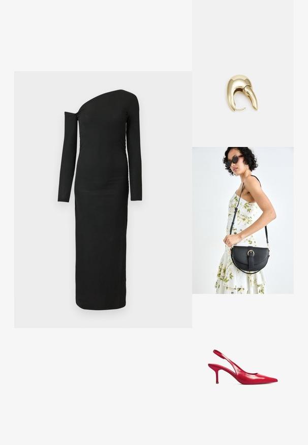 Black, form-fitting, long-sleeve dress with an asymmetric neckline and gathered side detail, made from ribbed fabric.; Red leather slingback heels with a pointed toe and a thin heel. Smooth texture with a minimalistic design and a cutout at the heel.; Black leather handbag with a curved shape, detachable strap, and gold hardware. The bag features a flap with a buckle detail.; Gold-tone metal earring with a sleek, curved design. Features a distinctive pointed shape, polished surface, and hinge closure.