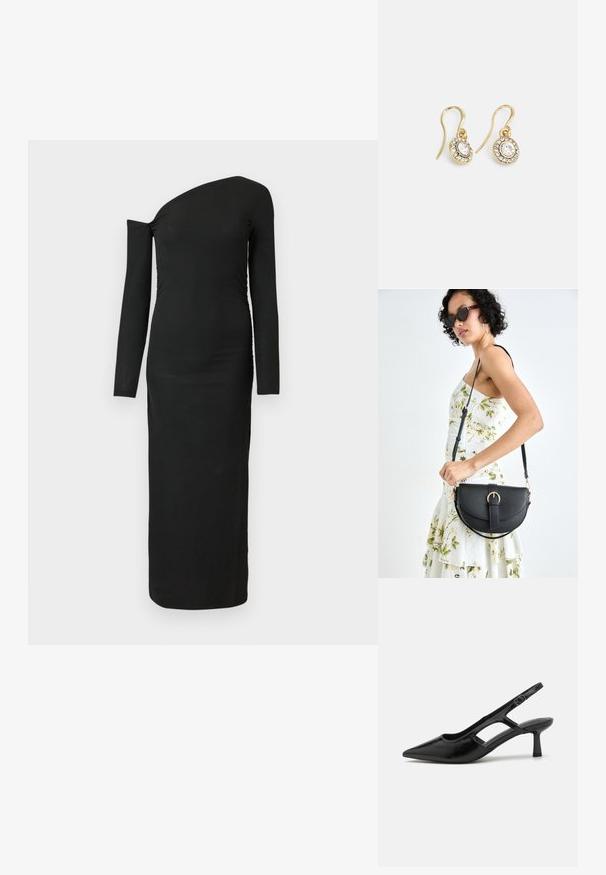Black, form-fitting, long-sleeve dress with an asymmetric neckline and gathered side detail, made from ribbed fabric.; Black slingback heels with a pointed toe, made of glossy material, featuring cut-out accents and a moderate heel for support.; Black leather handbag with a curved shape, detachable strap, and gold hardware. The bag features a flap with a buckle detail.; Gold-tone earrings with oval-shaped clear crystals surrounded by smaller clear stones, featuring a hook design for secure wear.