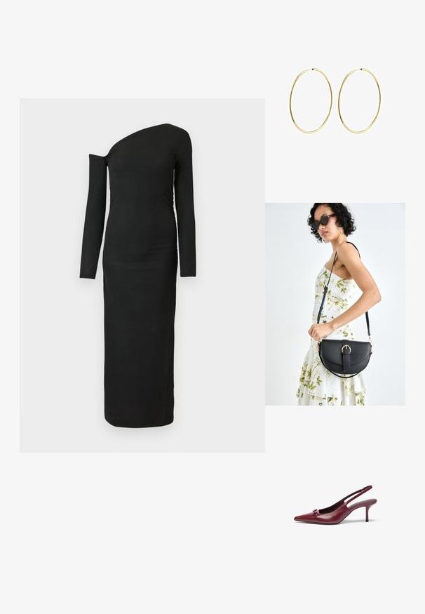 Zwarte, nauwsluitende, lange mouw jurk met een asymmetrische halslijn en geplooide zijdetail, gemaakt van ribbelstof.; Bordeaux slingback hakken met een spits neu, gemaakt van leer. Heeft een decoratieve accent op de wreef en een 7,5 cm stilettohak.; Zwarte leren handtas met een gebogen vorm, afneembare schouderband en gouden hardware. De tas heeft een klep met een gespsluiting.; Gouden hoepeloorbellen met een glad, afgerond ontwerp. Dun en lichtgewicht, met een doorlopende lus zonder versieringen.