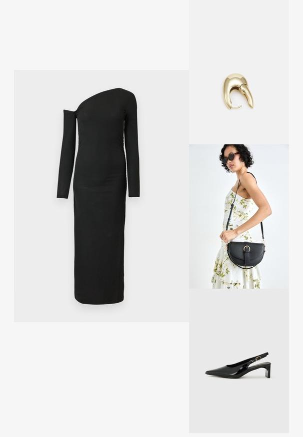 Rochie neagră, ajustată, cu mâneci lungi, decolteu asimetric și detalii plisate pe o parte, realizată dintr-un material cu dungi.; Sandal cu toc înalt din piele patent neagră, cu vârf ascuțit, toc dreptunghiular și accesorii din metal aurii.; Geantă din piele neagră, cu o formă curbată, curea detașabilă și accesorii aurii. Geanta are un capac cu un detaliu tip cataramă.; Cercei din metal de culoare aurie cu un design elegant și curbat. Prezintă o formă distinctivă, ascuțită, o suprafață lustruită și un sistem de închidere cu balama.
