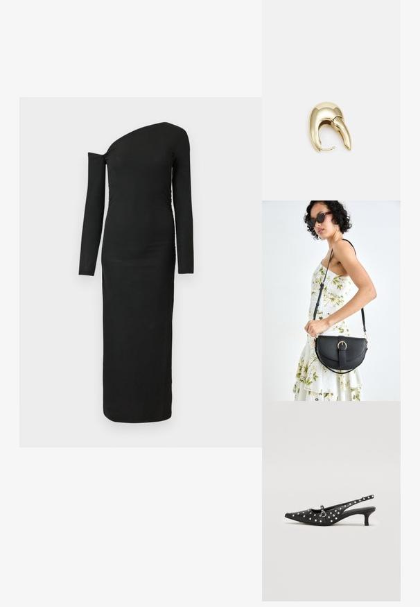 Čierne, priliehavé, dlhé šaty s asymetrickým výstrihom a zozbieraným detailom na boku, vyrobené z rebrovanej látky.; Čierne slingback topánky s špičatou špičkou, zdobené striebornými cvokmi, so slabým opätkom a detailom s prackou.; Čierna kožená kabelka s zaobleným tvarom, odnímateľným popruhom a zlatými doplnkami. Kabelka má klopu s detailom s prackou.; Náušnice z kovu v zlatej farbe s elegantným, zakriveným dizajnom. Majú charakteristický špicatý tvar, leštený povrch a uzáver na pánt.