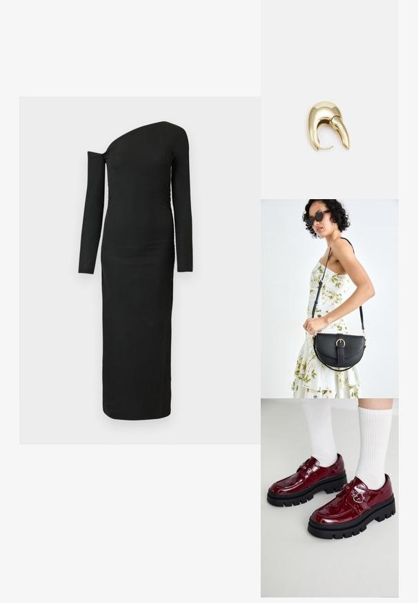 Schwarzes, eng anliegendes Langarmkleid mit asymmetrischem Ausschnitt und gerafftem Seitendetail, aus geripptem Stoff gefertigt.; Bordeauxfarbene Lacklederschuhe mit einer klobigen schwarzen Sohle, doppeltem Riemen mit Herzdetail und gerippten weißen Socken. Retro-Design mit dickem Profil.; Schwarze Lederhandtasche mit geschwungener Form, abnehmbarem Tragegurt und goldenen Beschlägen. Die Tasche verfügt über einen Deckel mit einer Schnallen-Details.; Ohrringe aus goldfarbenem Metall mit einem schlanken, geschwungenen Design. Sie verfügen über eine markante, spitze Form, eine polierte Oberfläche und einen Scharnierverschluss.