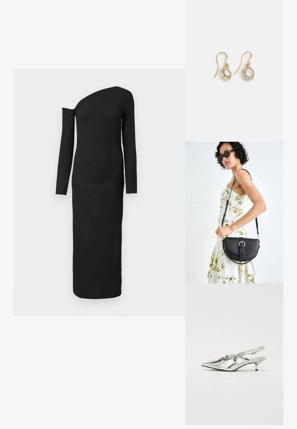 Black, form-fitting, long-sleeve dress with an asymmetric neckline and gathered side detail, made from ribbed fabric.; Silver metallic slingback shoes with a pointed toe, low kitten heel, and strap detailing across the front. Smooth, glossy surface.; Black leather handbag with a curved shape, detachable strap, and gold hardware. The bag features a flap with a buckle detail.; Gold-tone earrings with oval-shaped clear crystals surrounded by smaller clear stones, featuring a hook design for secure wear.