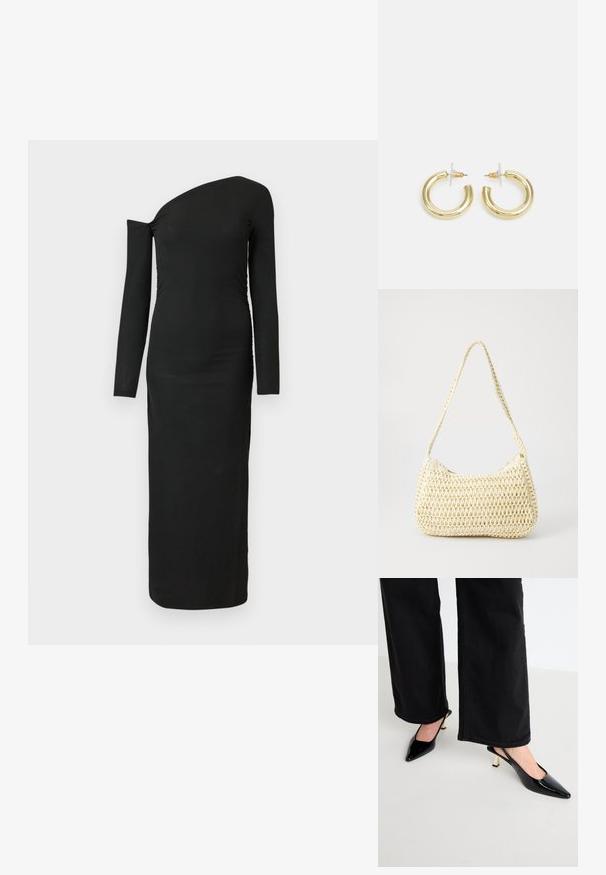 Melna, pieguļoša, garām piedurknēm kleita ar asimetrisku izgriezumu un saburzītu sānu detaļu, izgatavota no ribota auduma.; Simmi London JUNE - Klasiski papēži - black; Austa krēmkrāsas pleca soma ar viegli izliekta formu un garu, pinumu siksnu. Tam ir teksturēta virsma un sānu rāvējslēdzējs.; Zelta auskari ar gludu, spīdīgu apdari. Apaļš dizains, kas ietver mazu tapu un caurspīdīgu pamatni drošai valkāšanai.