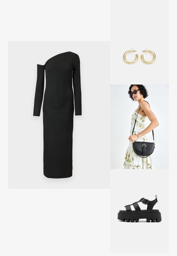 Vestido preto, ajustado ao corpo, de mangas longas com decote assimétrico e detalhe plissado lateral, feito de tecido canelado.; Sandálias plataforma pretas com solas grossas e estriadas, apresentando vários designs de tiras e fecho lateral de fivela para um ajuste ajustável.; Bolsa de couro preta com forma curva, alça destacável e detalhes em dourado. A bolsa possui uma aba com detalhe de fivela.; Brincos em argola dourados com um acabamento liso e brilhante. Design circular com um pequeno pino e suporte transparente para um uso seguro.