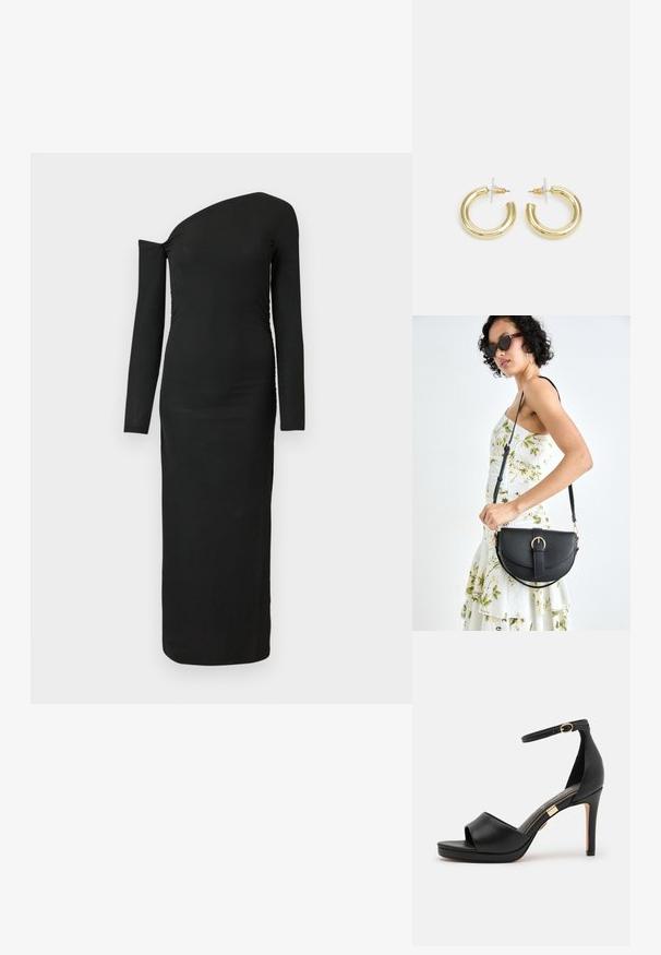 Vestido preto, ajustado ao corpo, de mangas longas com decote assimétrico e detalhe plissado lateral, feito de tecido canelado.; Sandal de salto alto em couro preto com a ponta aberta e tira no tornozelo. Apresenta um acabamento suave, um detalhe em tom dourado perto do salto e um design curvado.; Bolsa de couro preta com forma curva, alça destacável e detalhes em dourado. A bolsa possui uma aba com detalhe de fivela.; Brincos em argola dourados com um acabamento liso e brilhante. Design circular com um pequeno pino e suporte transparente para um uso seguro.