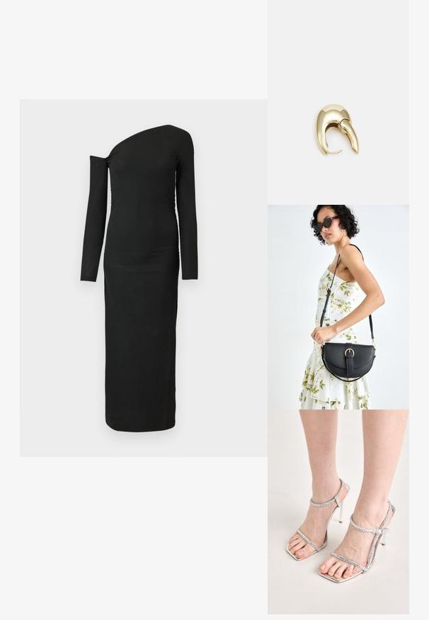 Musta, vartalonmyötäinen, pitkähihainen mekko, jossa on epäsymmetrinen kaula-aukko ja rypytetty sivusauma, valmistettu ribbikankaasta.; Jalat yang mengenakan sandal hak tinggi perak dengan tali tipis dan ujung persegi, berdiri di atas permukaan berwarna terang.; Musta nahkainen käsilaukku, joka on kaareva muotoilultaan, irrotettavalla hihnalla ja kultaisilla yksityiskohdilla. Laukussa on läppä, jossa on solk yksityiskohta.; Kultahipuinen korvakoru, jossa on sulavalinjainen, kaareva muotoilu. Ominaisuuksiin kuuluu erottuva terävä muoto, kiillotettu pinta ja sarana kiinnitys.