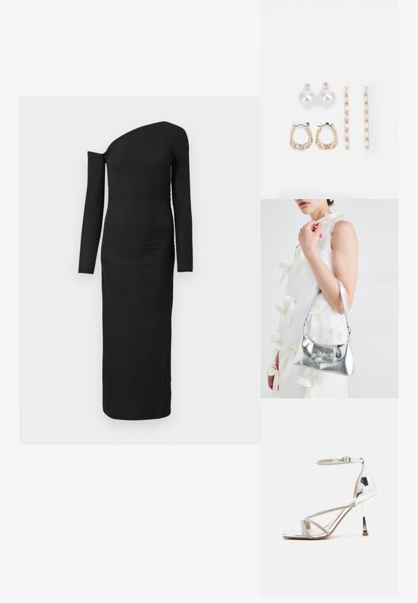 Black, form-fitting, long-sleeve dress with an asymmetric neckline and gathered side detail, made from ribbed fabric.; Silver high-heeled sandal with a strappy design, shimmering material, rhinestone accents, and a slender ankle strap. Square toe and polished heel.; Silver metallic handbag with a structured shape, featuring a top handle and bow detail on the front. Smooth texture, reflective finish.; Three pairs of earrings: large white pearl studs, gold hoops with clear gemstones, and two long, straight gold accent earrings with sparkly details.